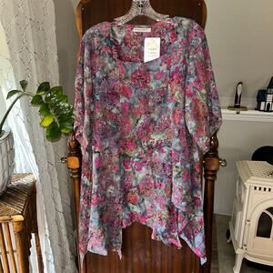 New Mission Canyon OS Pixie Hem Tunic Top Floral Pink Boho Batik Art to Wear